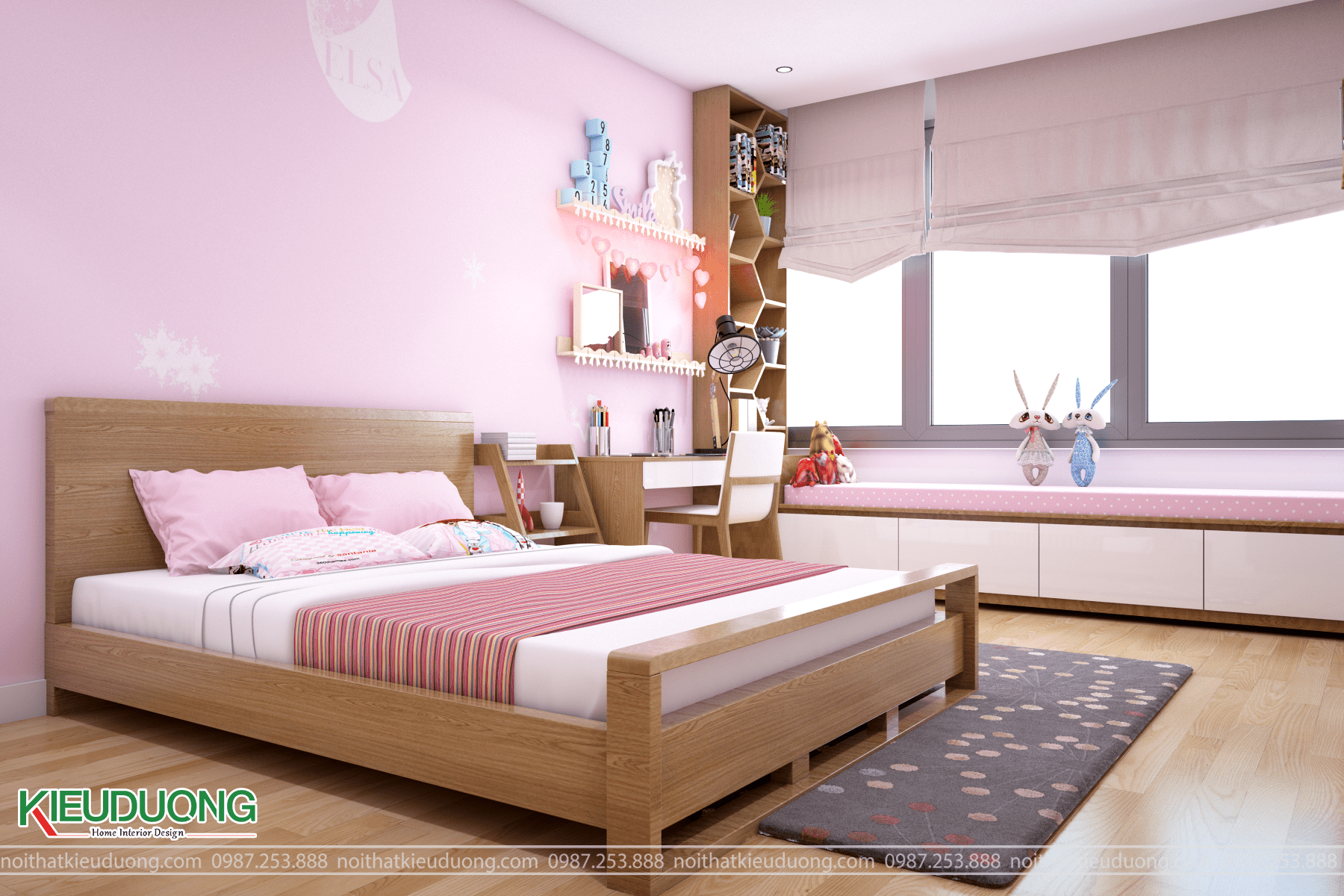 Thiết kế nội thất nhà dân hiện đại với gỗ sồi Mỹ tự nhiên - Phòng Ngủ Con Gái 